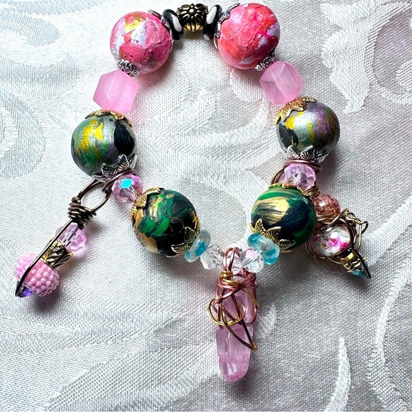 Handmade Charm Bracelet with Hand-Painted Beads & Wire-Wrapped Accents 6-7 3130 - Picture 1 of 11